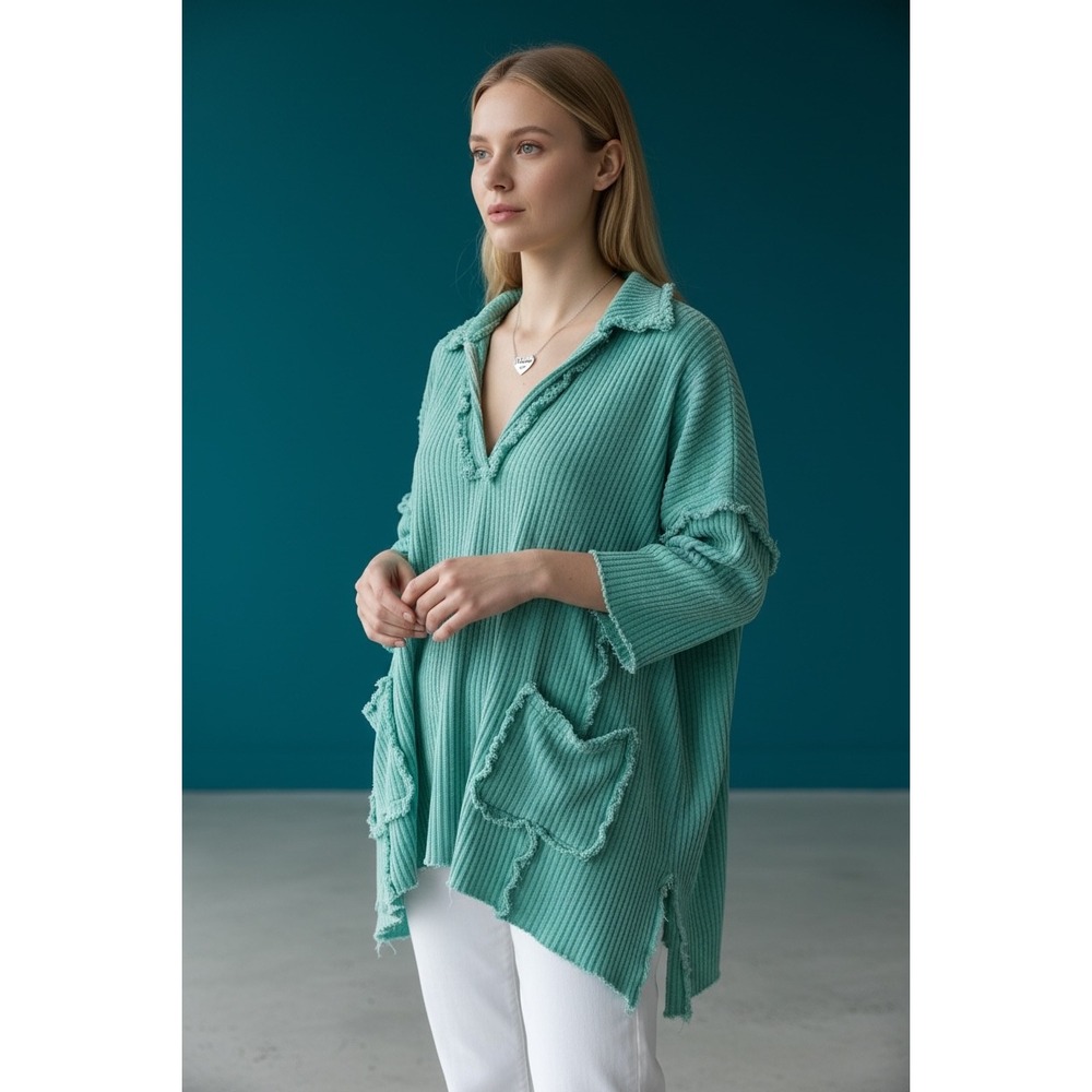 Easel Los Angeles‎ Ribbed Collared Neck Pullover Top Mint Green Size M